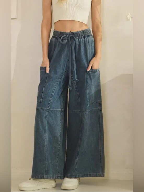 Sage + Fig Pants - Wide-Leg Drawstring Denim Pants in Washed Blue
